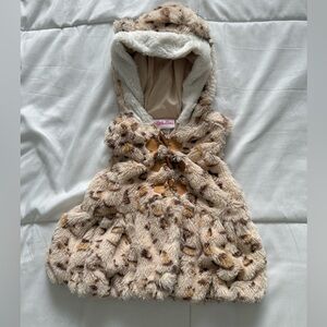 Little Lass faux fur coat with hood and ears detail. Size: 12 months